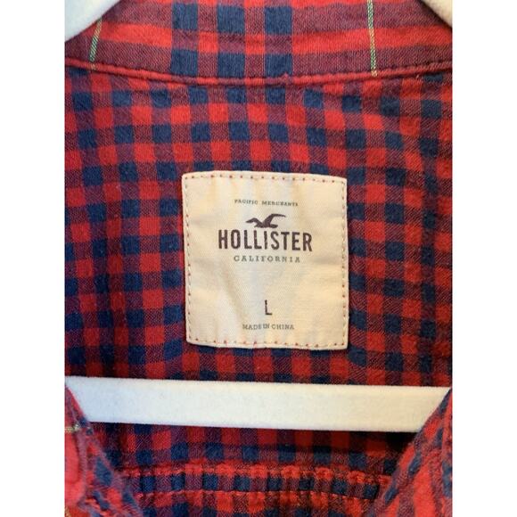 Hollister Women’s Shirt Red Blue Plaid Flannel Button Up Long Sleeve Logo Large - Picture 4 of 9